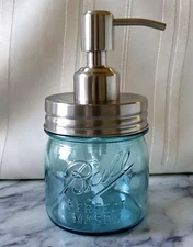Ball SOAP PUMP Dispenser STAINLESS ~ MASON JAR 1/2 Pint Collector's Edition Blue