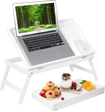 Bed Tray Table Breakfast Tray with Folding Legs Kitchen Food Serving Tray(White)