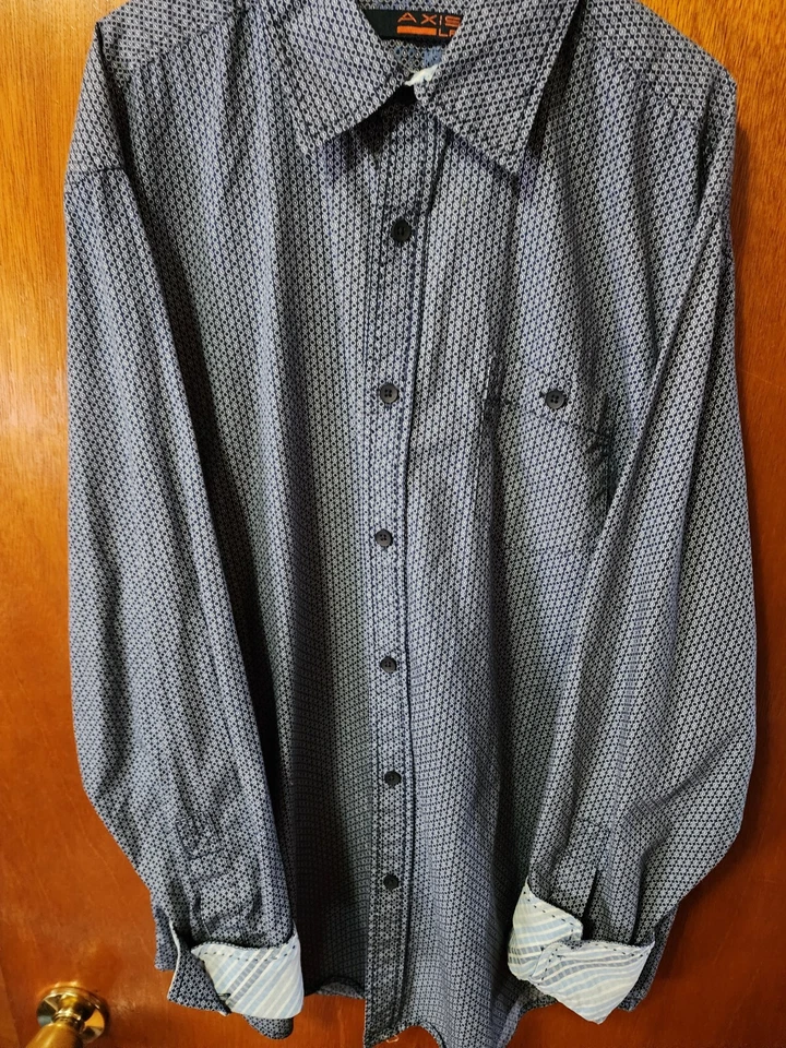 Men's Large Axis Navy Blue White Geometric Pattern Long Sleeve Button Down Shirt - Image 3 of 4