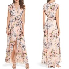 NEW ELIZA J Blush FLORAL Chiffon RUFFLE Surplice HIGH/LOW Maxi DRESS 10