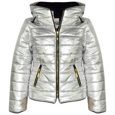 Kids Girls Jacket Metallic Silver Quilted Padded Puffer Bubble Fur Collar Coat