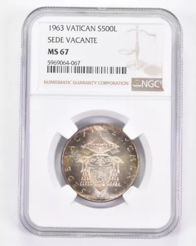 MS67 1963 Vatican 500 Lire Silver - Sede Vacante NGC- INSANE Tone *8879