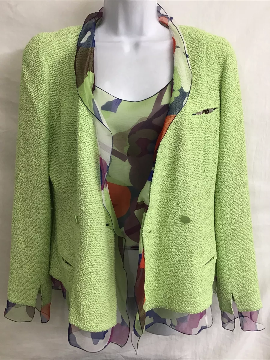 Chanel Jacket And Tank Textured Green Print Silk Lining/ Trim