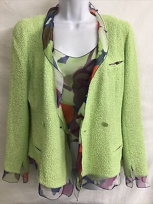 Chanel Jacket And Tank Textured Green Print Silk Lining/ Trim Vintage 00 Size  42