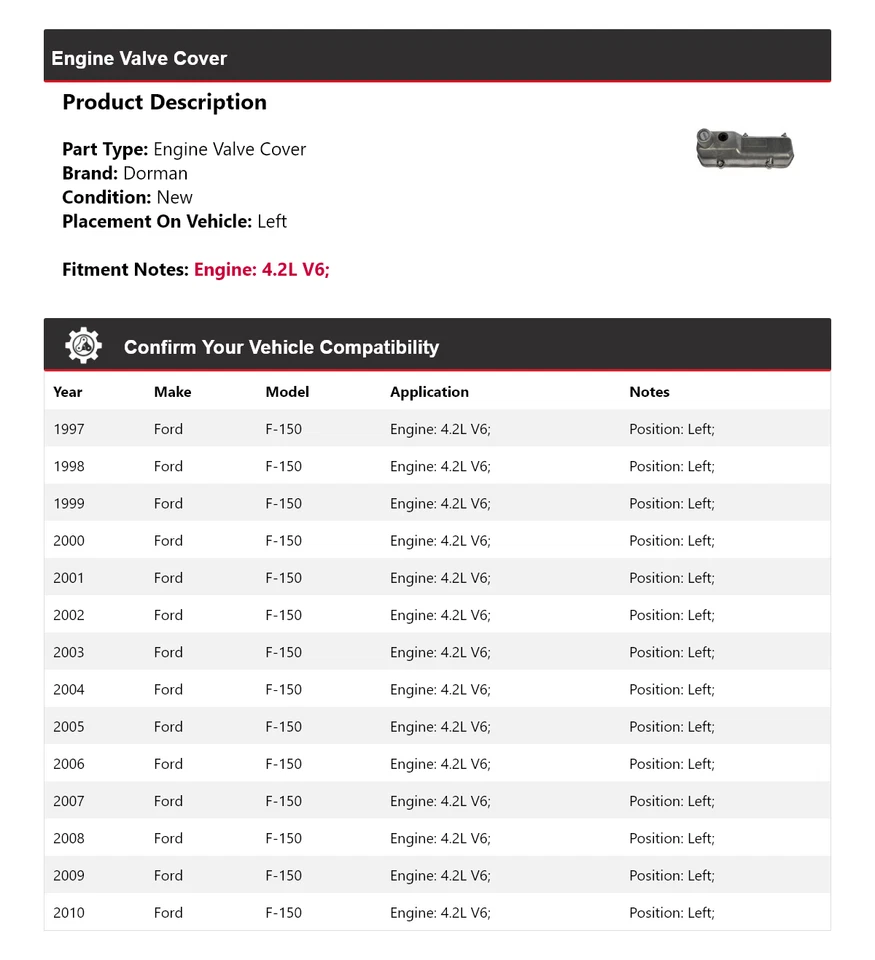 For 1997-2010 Ford F-150 4.2L V6 Dorman Engine Valve Cover Left 1998 1999 2000 - Image 2 of 4
