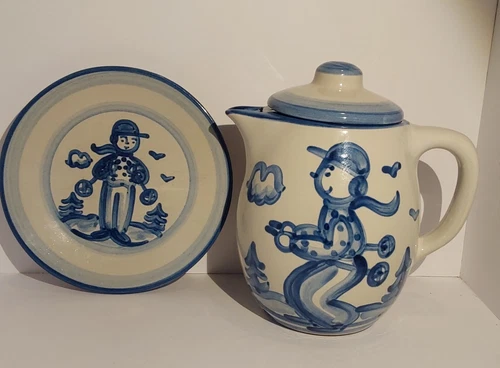 M.A. Hadley Pottery Rare Large  8.5” Skier Lidded Pitcher w/ Bonus Plate  ￼