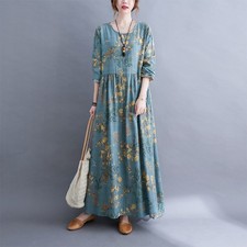 Women Loose Dress Vintage Printed Long Sleeves Round Neck High Waist WWUP