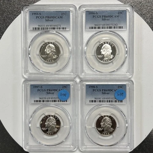 1993-S, 1996-S, 1997-S, 1998-S Silver Proof Washington Quarters PCGS PR69.