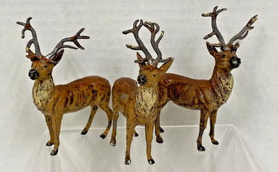 3 Antique Cast Lead Deer Figurines Christmas Antlered Reindeer Germany Marked