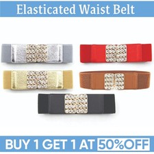 Women 60mm Wide Elastic Waist Belt Gold Buckle Diamante Cinch Retro