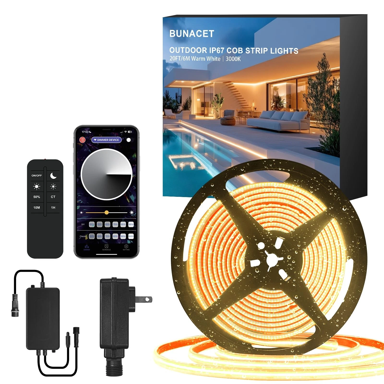 20ft COB Outdoor LED Strip IP67 Waterproof, 6500K Cold Whit DC24V Flexible LE...