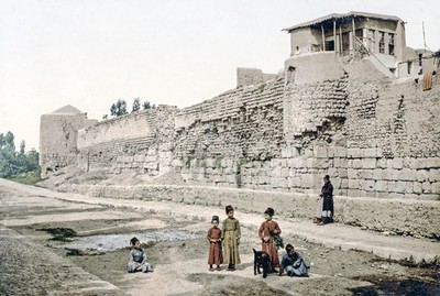 Walls Damascus Syria Children Street Scene Stone Masonry Vtg. Photo 19thC.