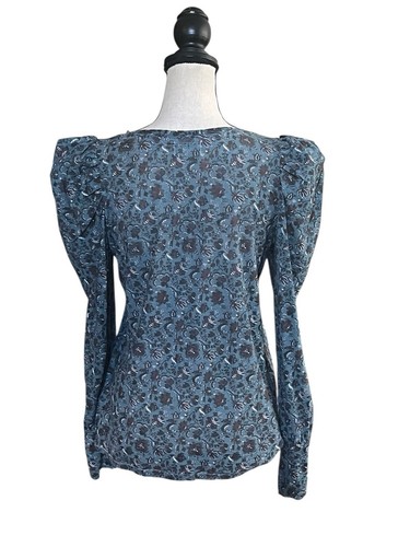 Nation LTD Romy Tee Medium Teatime Blue Floral Long Puff Sleeve Modest Pima - Picture 2 of 8