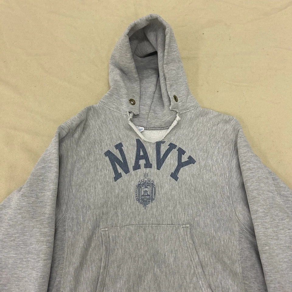 Vintage 1980s Champion Reverse Weave Hoodie US Navy Water Print size Small - Image 2 of 4