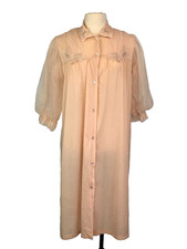 Texsheen Vintage Peach Pink Nylon Button Front Robe, Sheer Puff Sleeves 38 bust