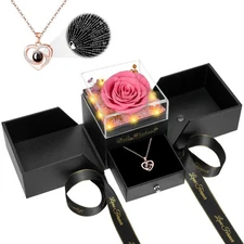 GOMALL Light Up Preserved Pink Rose Flower with Necklace,Birthday Gifts for W...