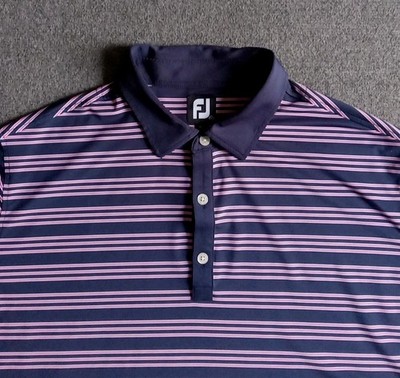 FootJoy Polo Shirt Men's 2XL Blue And Pink Striped Performance Short Sleeve EUC