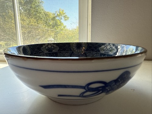 Japanische Mino Yaki Ware Reisschale blau und weiß Blumen Sushi gestempelt - Bild 3 von 5