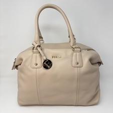 Furla Pebbled Leather Satchel Beige Blush Shoulder Bag Gold Hardware
