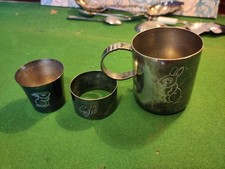rabbit themed silver egg holder, knapkin ring and christening cup