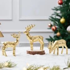 3Pcs Resin Reindeer Figurines for Christmas Decor Gold Tabletop Reindeer Statues