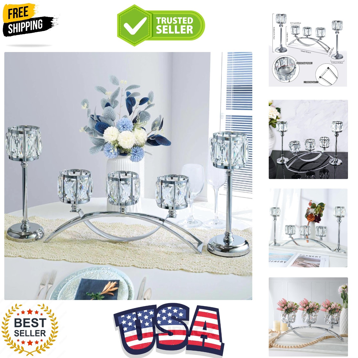 3 Arms Crystal Candle Holders, Arch Candlestick Table Candel