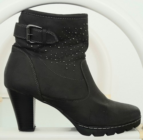 Schwarz-graue Kunstleder 👢 Stiefeletten, 8 cm Absatz, Gr. 42 passt bis Gr. 43 - Bild 3 von 24
