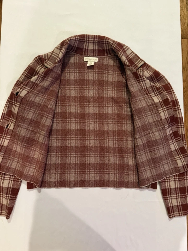 Cynthia Rowley Fleece Plaid Cropped Jacket Burgundy /Beige - Size M (Loc# T3) - Image 4 of 4