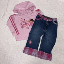 Y2K Dora The Explorer Pink Graphic Hoodie Jean Set Girls 24m/2t