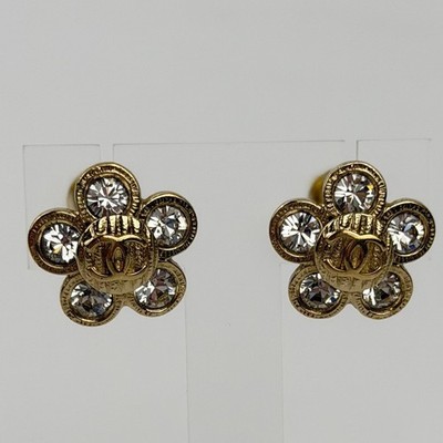 Auth CHANEL Coco Mark Flower Motif Earrings Gold 06A Vintage