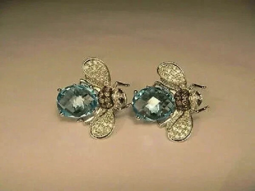 Simulated Aquamarine Oval Cut 925 Sterling Silver Honey Bee Shape Stud Earrings - Picture 2 of 7