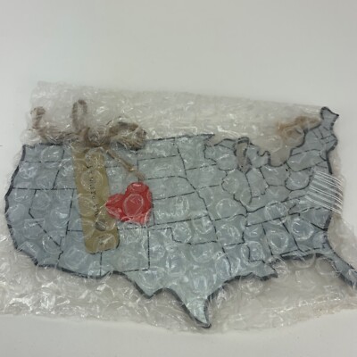 Home Is Where The Heart Is 4x6'' Tin Map Hanging Sign With Red Magnet Mud Pie USA