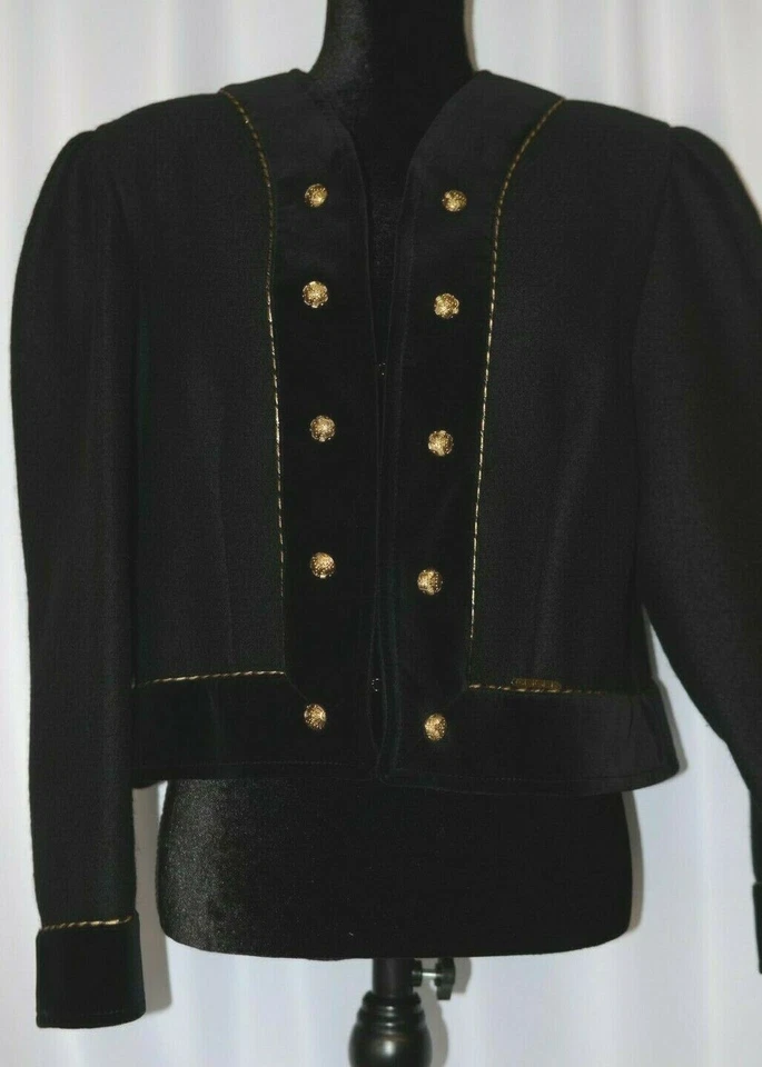 Chaqueta Geiger Talla 40 Grande Lana Negra Brillo Hilo Dorado Terciopelo Borde Blazer Cálido Foto 4 de 4