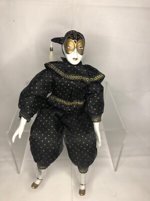 Harlequin Pierrot Porzellan Gold Schwarz 39cm venezianisch Karneval Modepuppe 