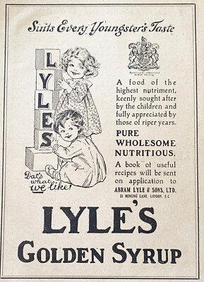Abram LYLE'S GOLDEN SYRUP London Little Girls Play Blocks Antique 1914 Print Ad