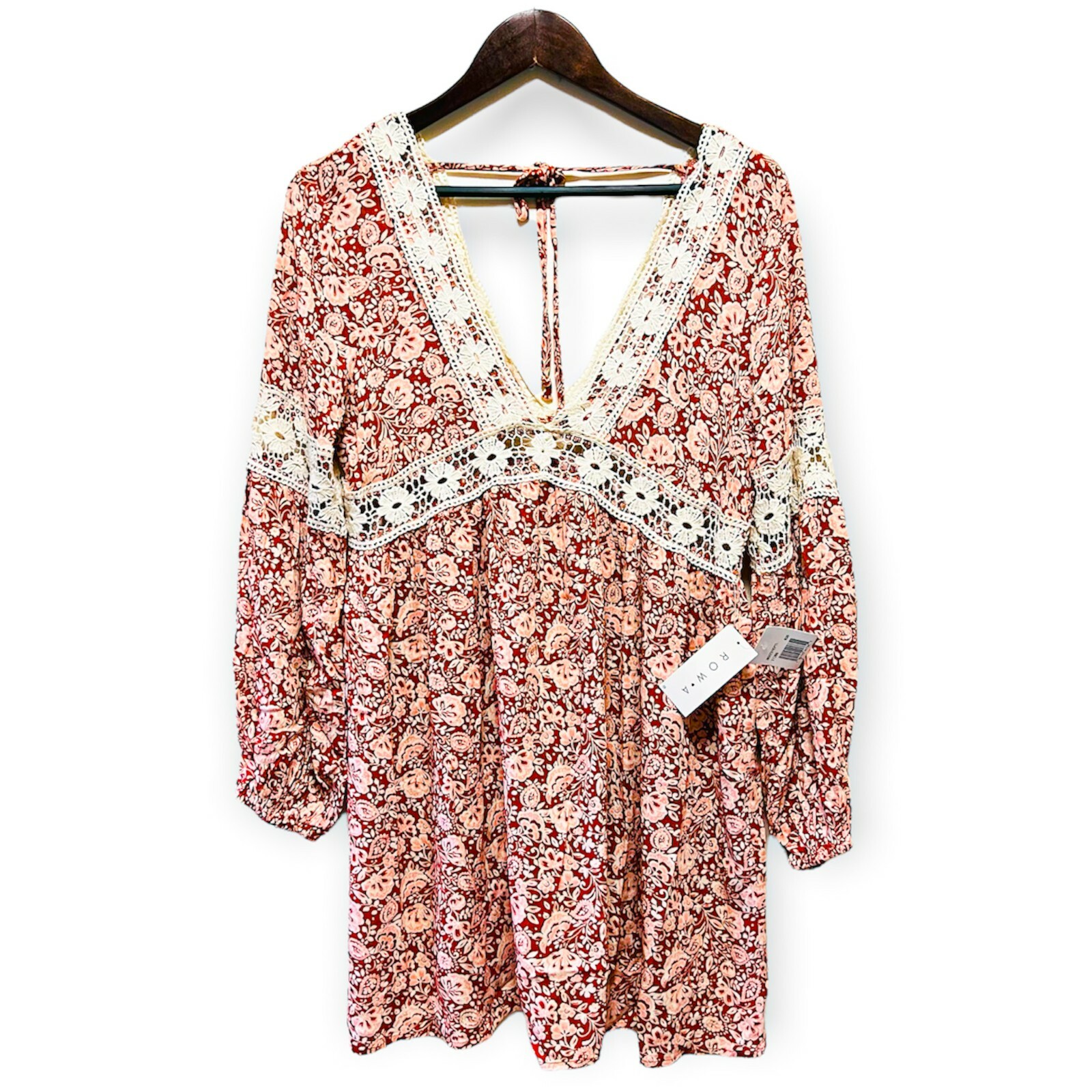 Abito donna Fila A taglia S profondo scollo a V uncinetto sbuffo manica lunga floreale rosso multi
