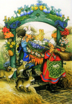 Postcard Two Old Ladies Easter Eggs Bunnies Painting Fun Inge Look Finland