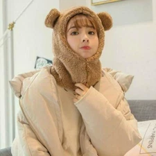 Lady Winter Bear Ears Animal Hoodie Hat Cap Fleece Furry Fluffy Warm Cute New