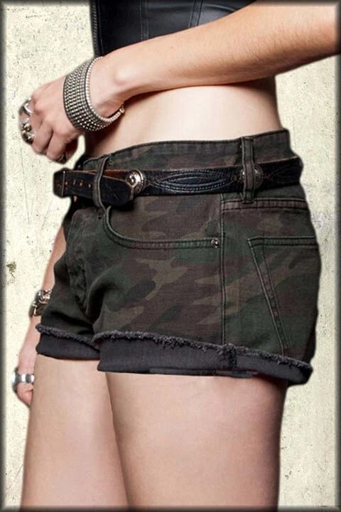 Pantalones Cortos Vaqueros Lip Service Militar Para Mujer Corte en Roca Verde Camuflaje NUEVOS L-XXL Foto 4 de 4