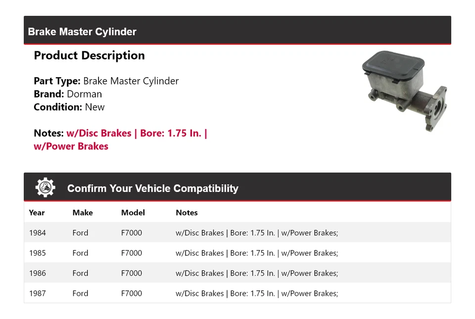Cilindro maestro de freno para Ford F7000 Dorman 1984-1987 1985 1986 Foto 2 de 4