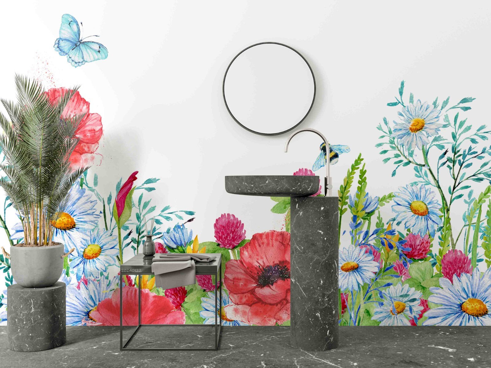 3D Watercolor Pink Floral Butterfly Wall Murals Wallpaper Murals Wall Sticker
