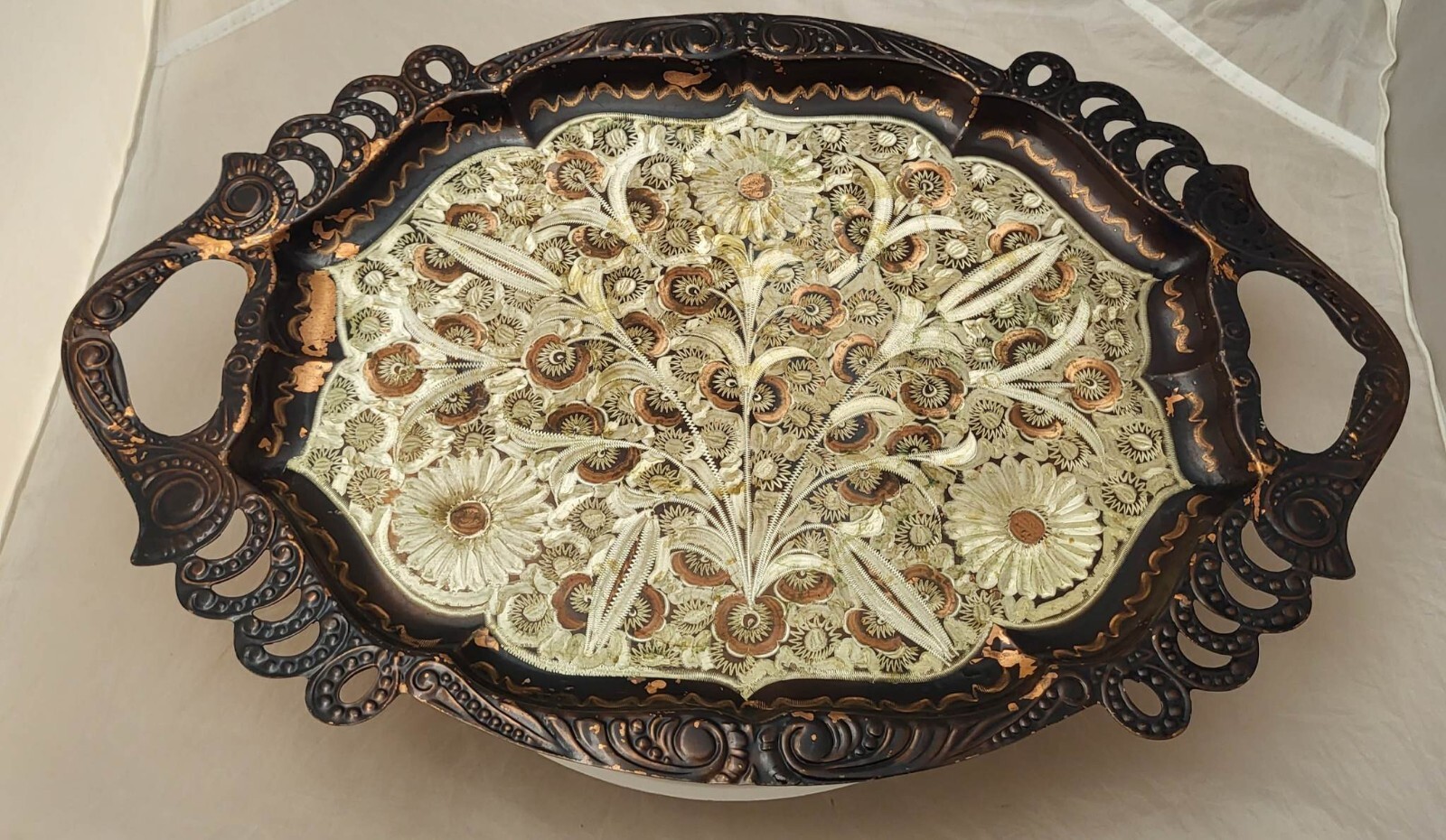 Large 18 3/4 X 12in Etched Flowers Copper Metal Tray / Wall Hanging