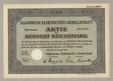 AEG – Allgem. Elektryczność-ges. – Akcje powyżej 100 RM z 1936 roku – NIEPERFOROWANE !