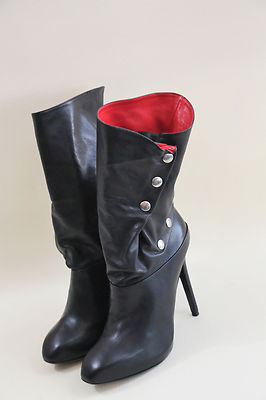 319 Alexander McQueen Black Leather rED Lining Snap Button Boots