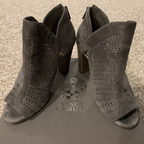 Vince Camuto Cranita Perforated Gray Suede Block Heel Ankle Booties ...