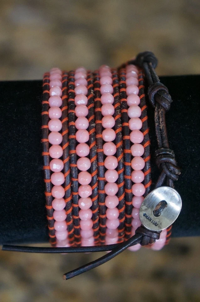 NUEVO Diseñador Chan Luu Rosa Facetado Piedras SemiPreciosas Cuero 5 Envolturas Pulsera Foto 3 de 3