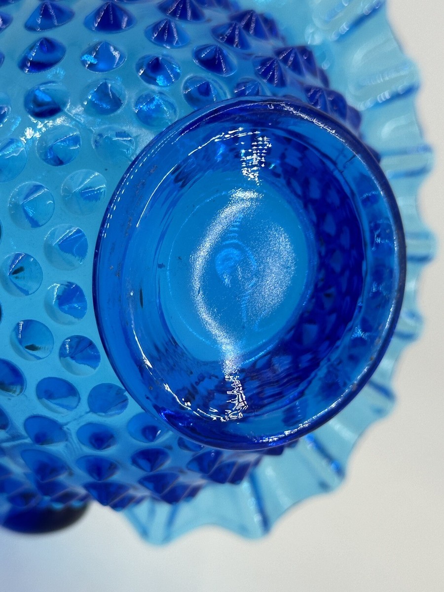 Fenton Blue Glass Hobnail Decorated Basket with Ruffled Collar