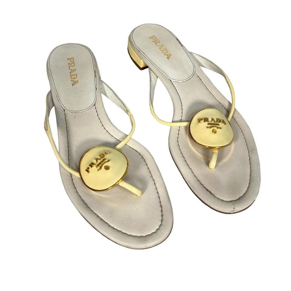 Prada Cream Enamel Logo Plaque Leather Flip Flop Sandals Size EU 40 Womens