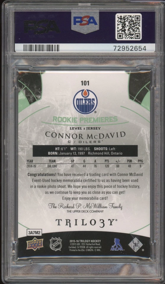 2015 UD Trilogy Connor McDavid Rookie Foil Green Jersey RPA /599 Psa GEM 10 AUTO - Image 2 of 2