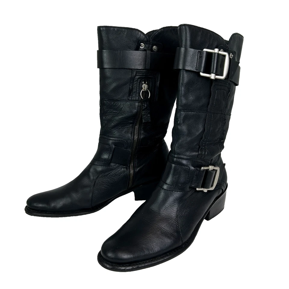 Vera Wang Botas de Couro Lavanda Chantel Moto Motociclista Preto Meia Panturrilha com Fivelas 9.5 - Imagem 2 de 4